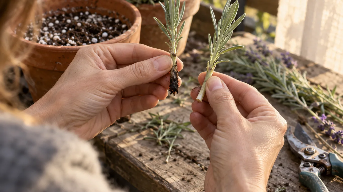 Hands compare a blackened lavender cutting with a firm healthy stem on a balcony potting bench.