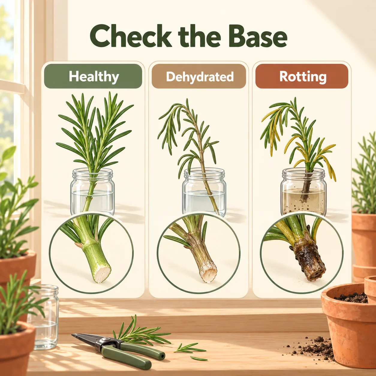 Three rosemary cuttings show healthy, dehydrated, and rotting bases for quick comparison.