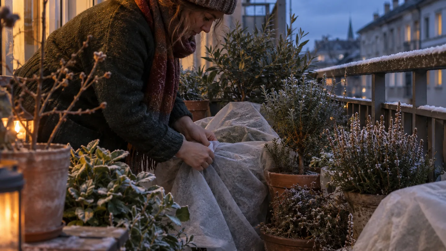 A gardener tucks frost cloth around balcony pots beside a railing dusted with frost.