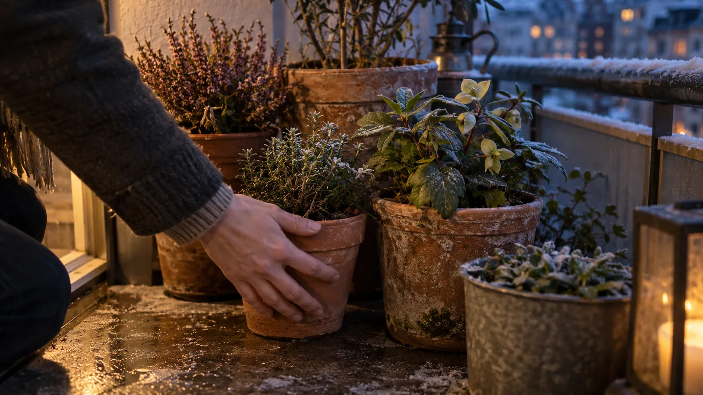 A hand moves a terracotta pot beside others against the balcony wall, away from the frosted railing.
