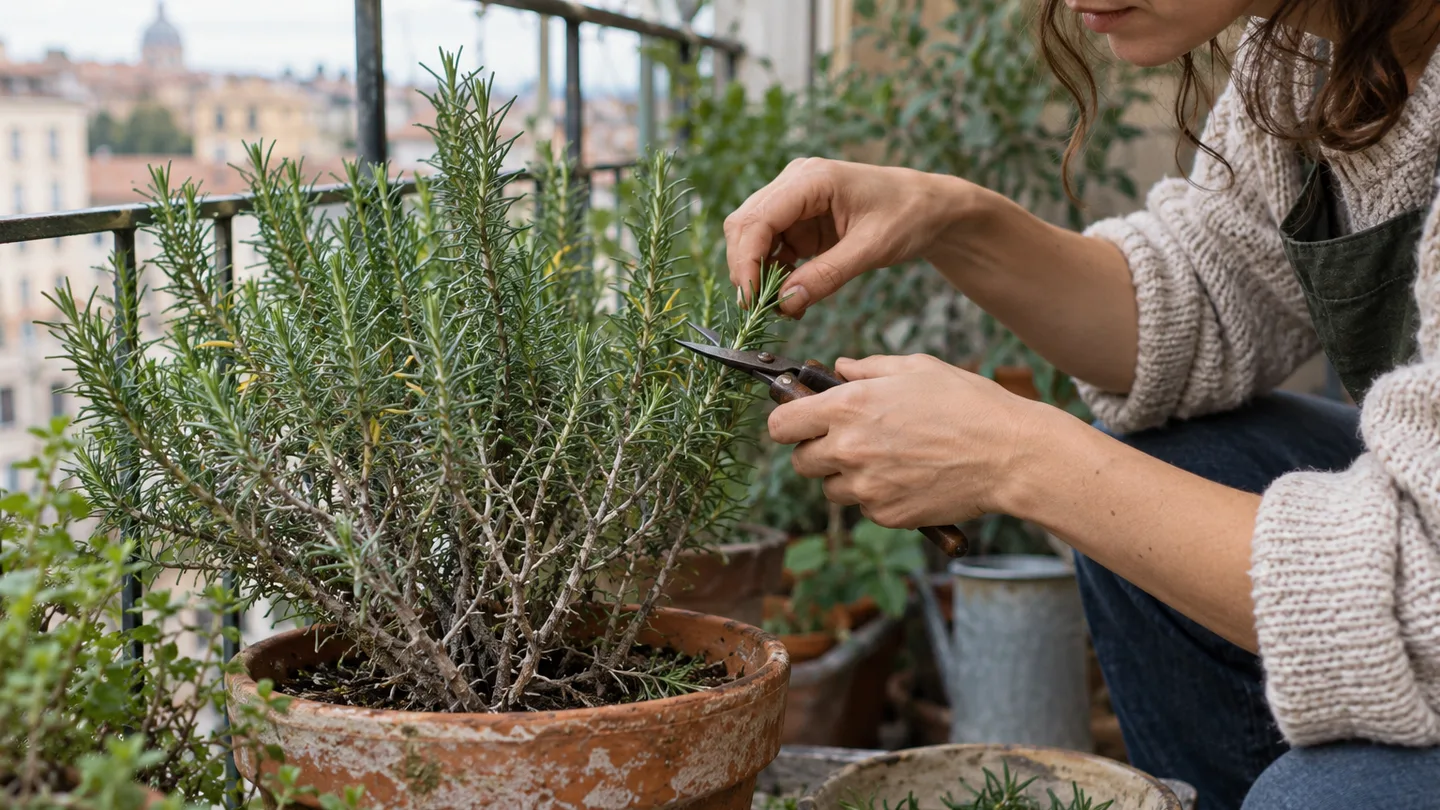 A gardener snips a leafy rosemary tip above bare woody stems, showing where to prune without cutting into old growth.