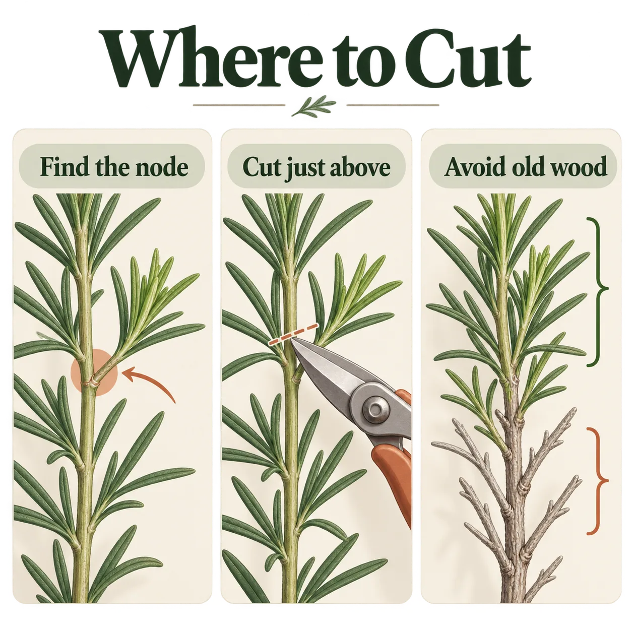 A rosemary stem diagram marks the leafy node, the cut just above it, and the old wood to avoid.