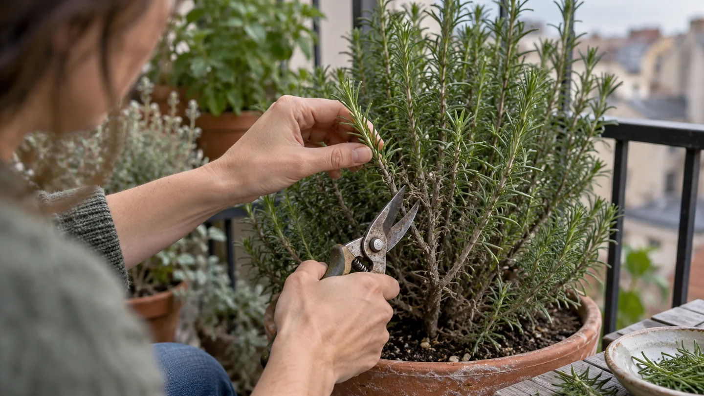 A hand trims a leafy rosemary tip while leaving the older woody stems intact.