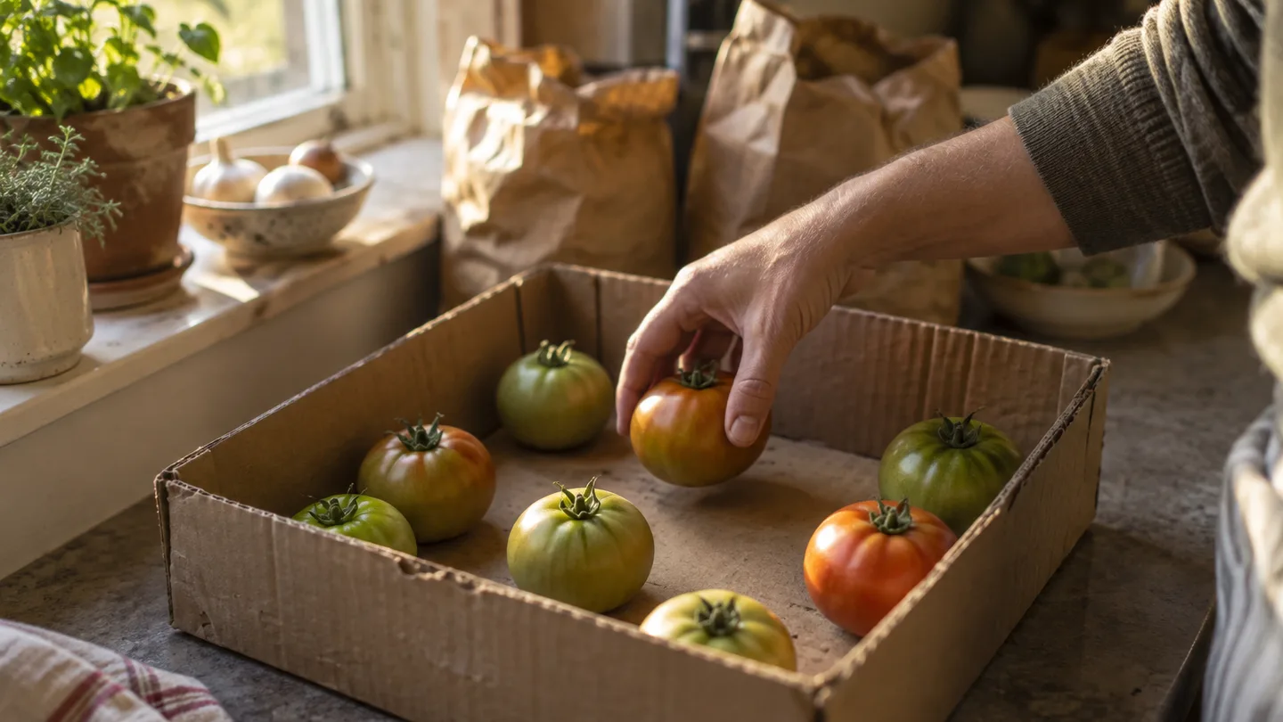 Green tomatoes sit spaced apart in a shallow box to encourage even ripening.