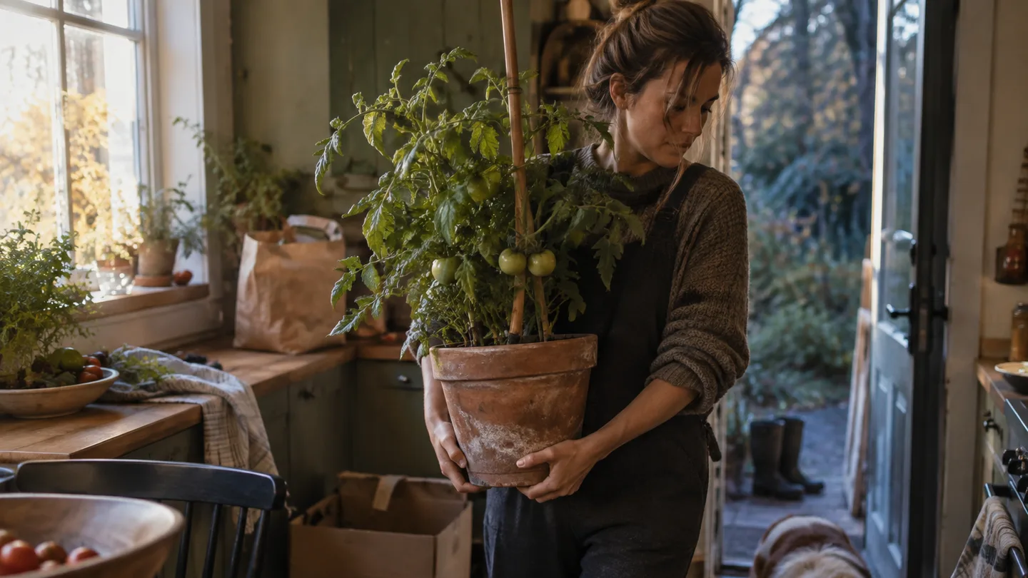 Hands carry a potted tomato plant indoors before the first cold night.