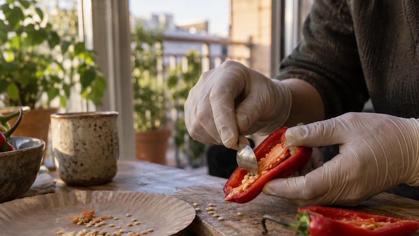A gloved hand scrapes seeds from a halved hot pepper onto a paper drying plate.