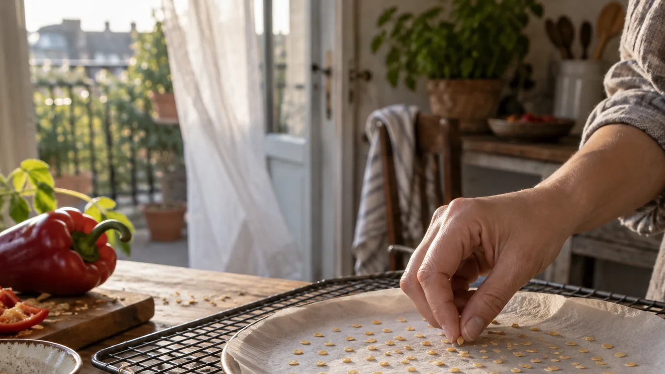 Pepper seeds dry in a single layer on a paper plate beside a blank label and an open balcony door.