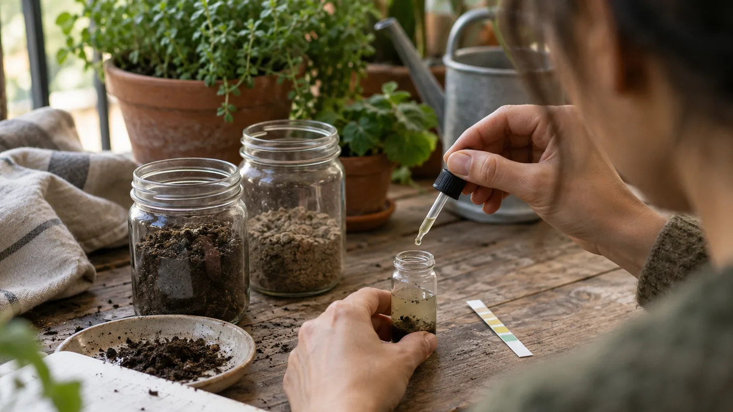 A hand adds reagent to a small soil sample beside jars and test strips on a balcony potting table.