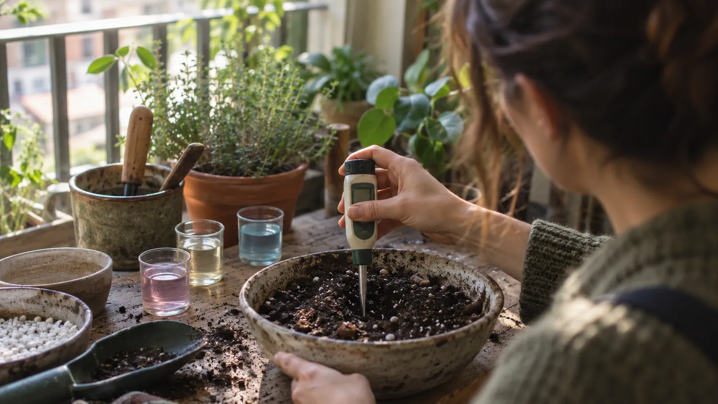 A hand tests a prepared potting-mix sample with a digital pH meter beside calibration buffers.