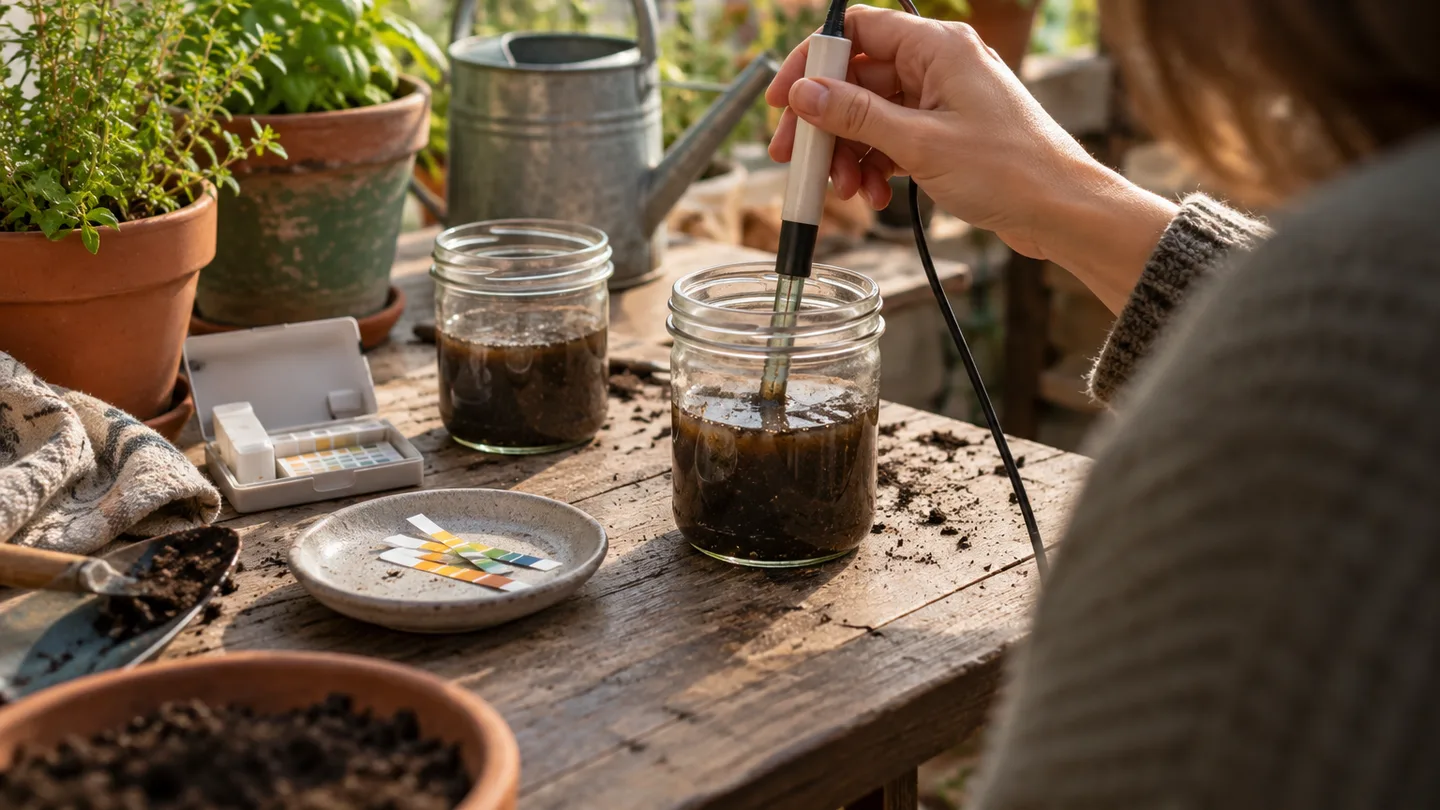 A hand checks a prepared soil-and-water sample with a pH meter on a balcony potting table.