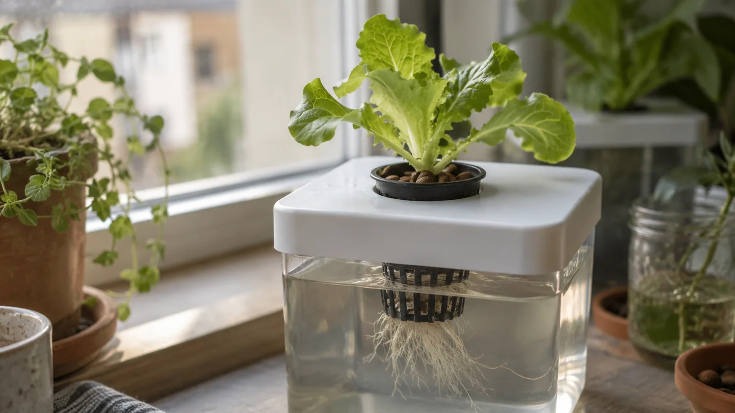 A net cup fits into a reservoir lid above clear nutrient water, holding a leafy seedling in place.