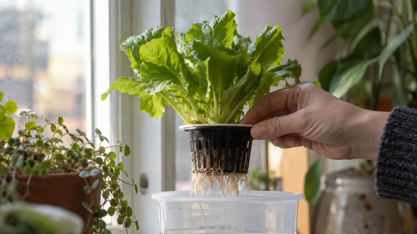 A net pot sits above the nutrient solution, leaving a visible air gap for the plant roots.