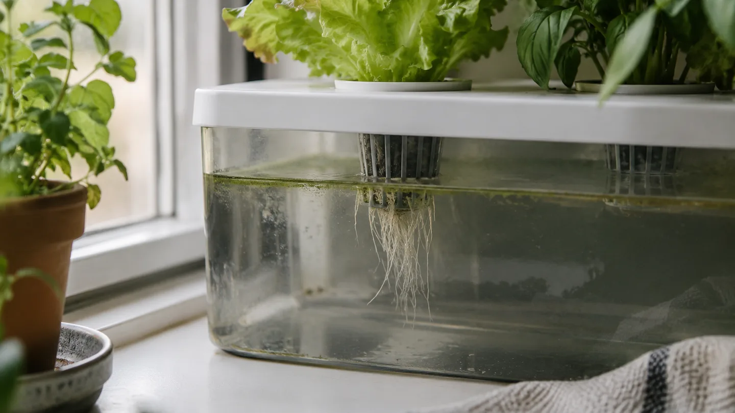 A green film lines the water inside a hydroponic reservoir beneath a small gap in its lid.