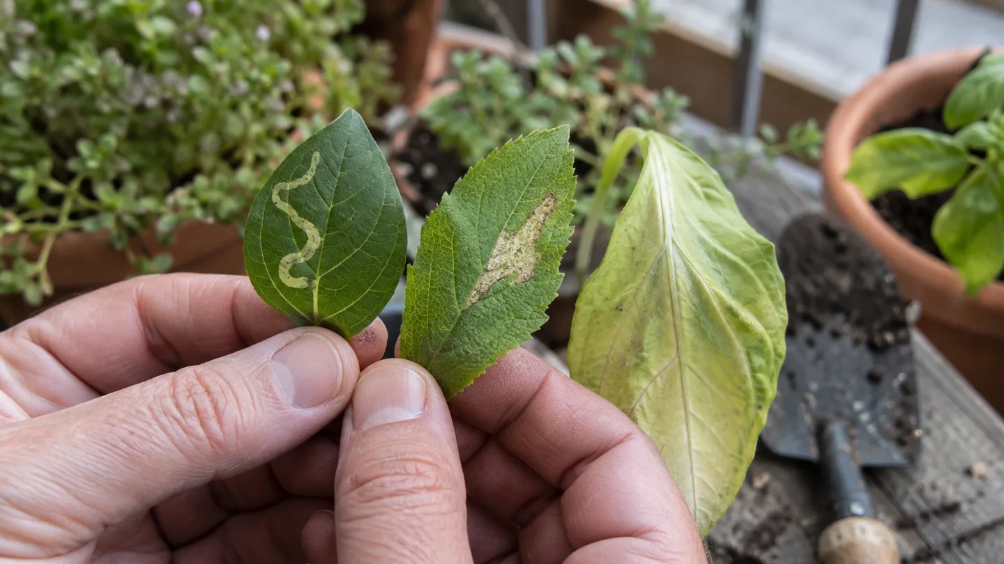 A hand compares a tunneled leaf with surface damage and a broadly pale leaf to distinguish different signs of stress.