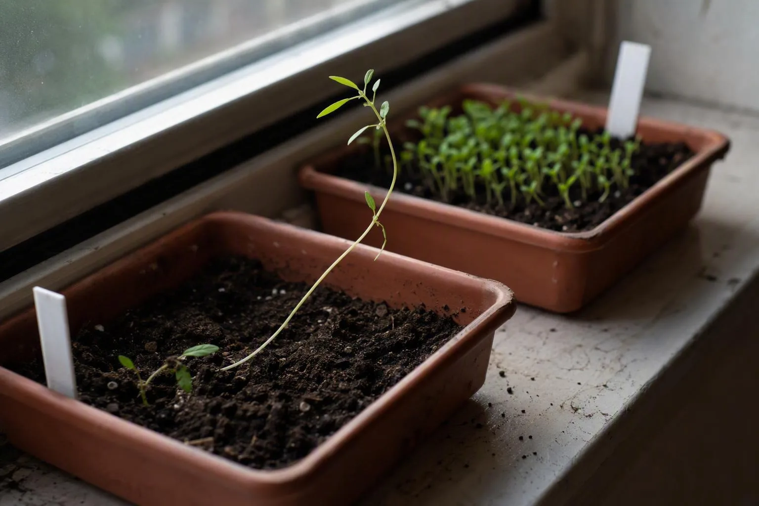 A weak, stretched sprout leans beside a compact tray of upright young plants on a windowsill.