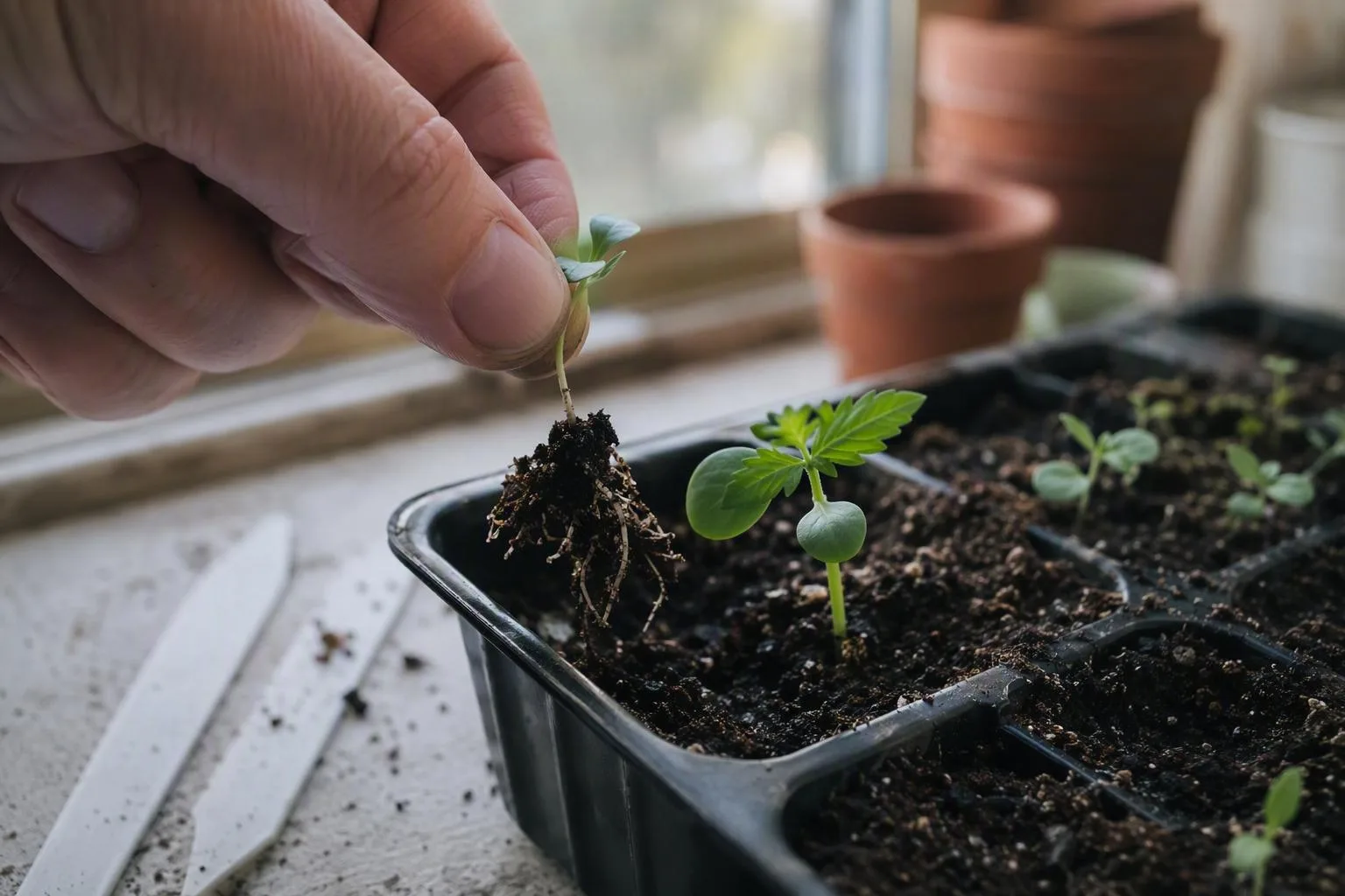 A hand removes an extra sprout from a crowded cell while leaving the stronger seedling rooted beside it.