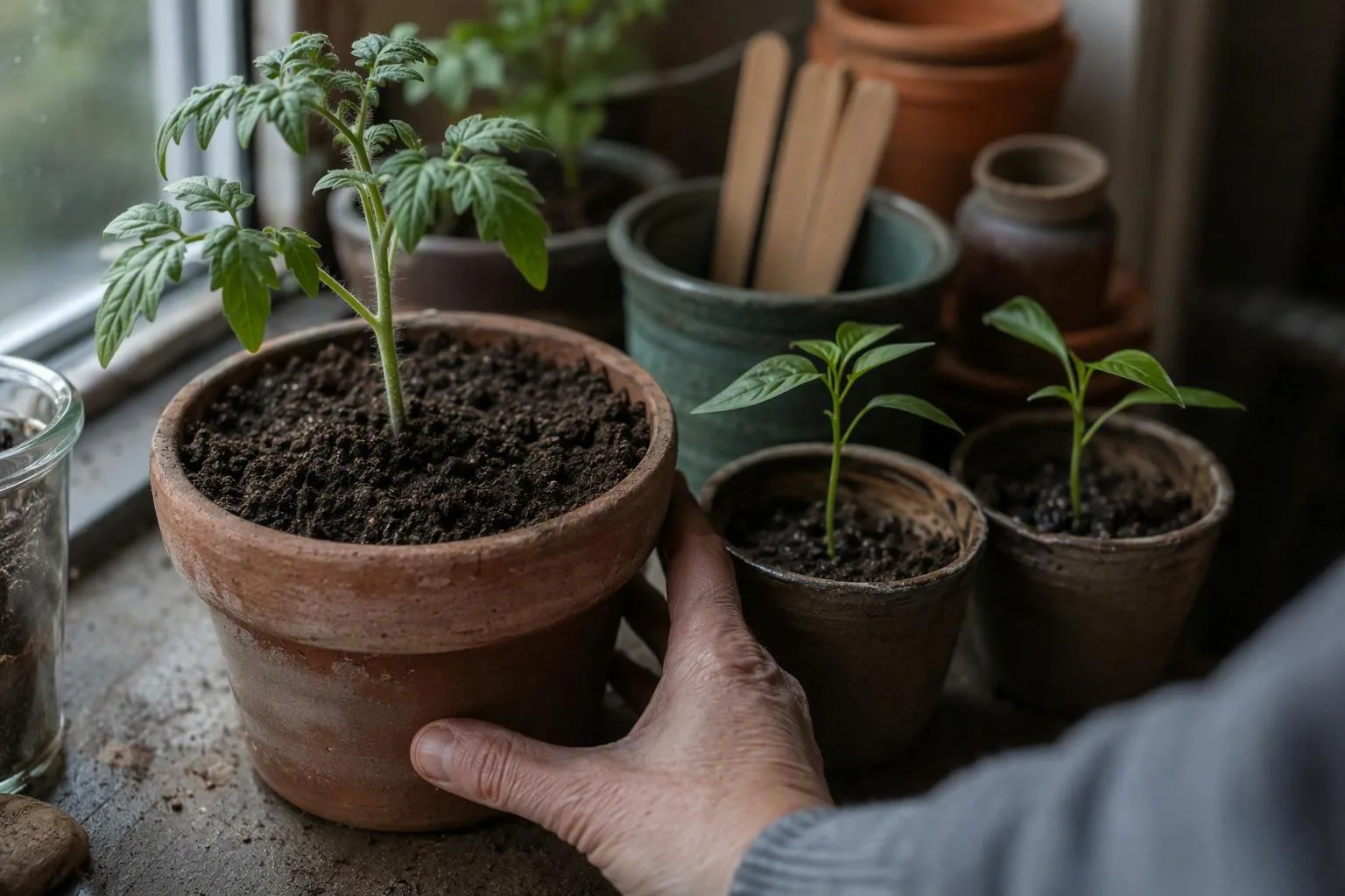 A deeply planted tomato seedling stands beside pepper seedlings kept at their original soil lines.