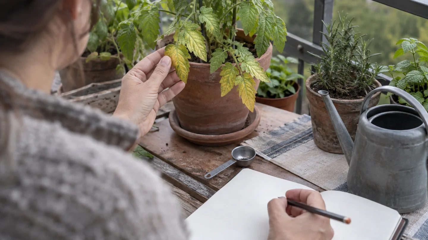 A gardener records plant care beside pale leaves and a plain measuring spoon.