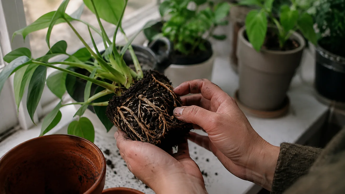 A grower examines damp roots beside a plant removed from its wet pot to check for damage.