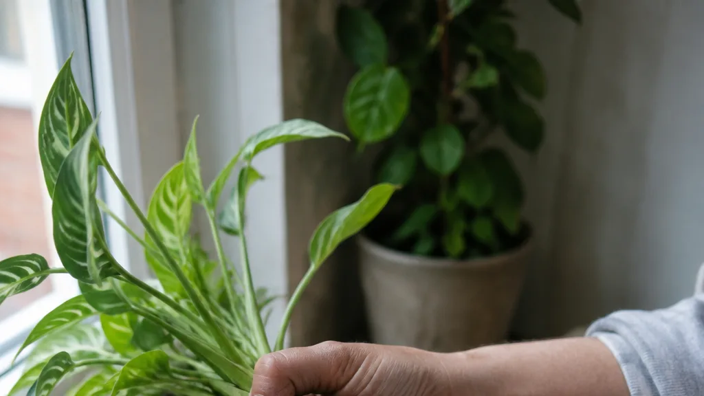 A hand trims dark damaged roots beside fresh, airy potting mix after a plant is repotted.