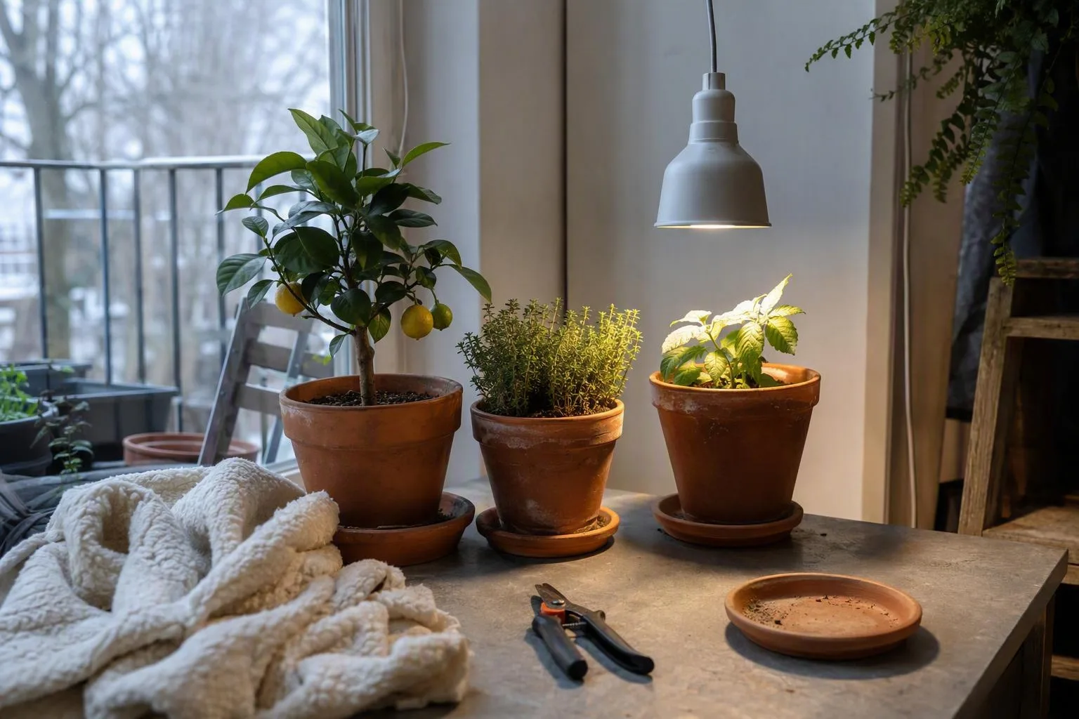 Separated potted plants sit beside a bright window under a small supplemental lamp for winter care.