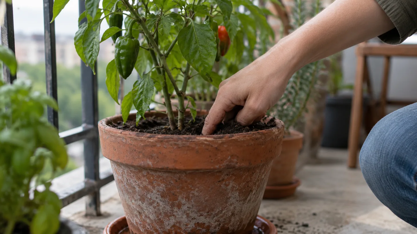 A hand checks the soil in a pepper pot while water drains into the saucer below.