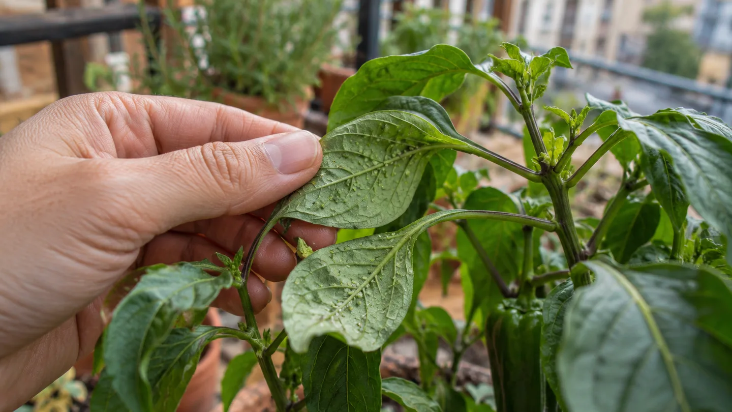 A hand turns over curled pepper leaves to check their undersides for tiny pests.