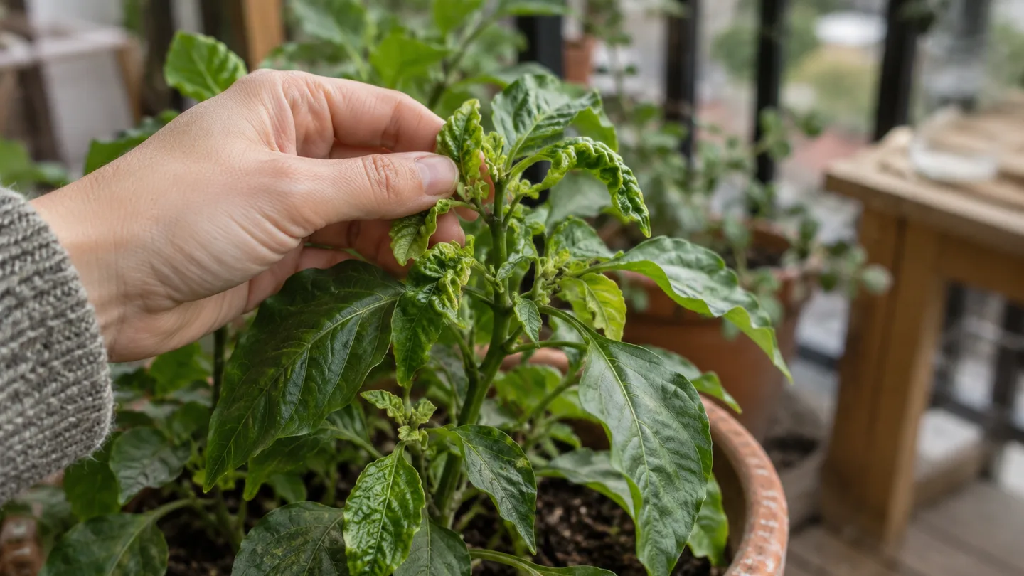 A hand checks persistently curled new leaves on a pepper plant growing in a balcony pot.