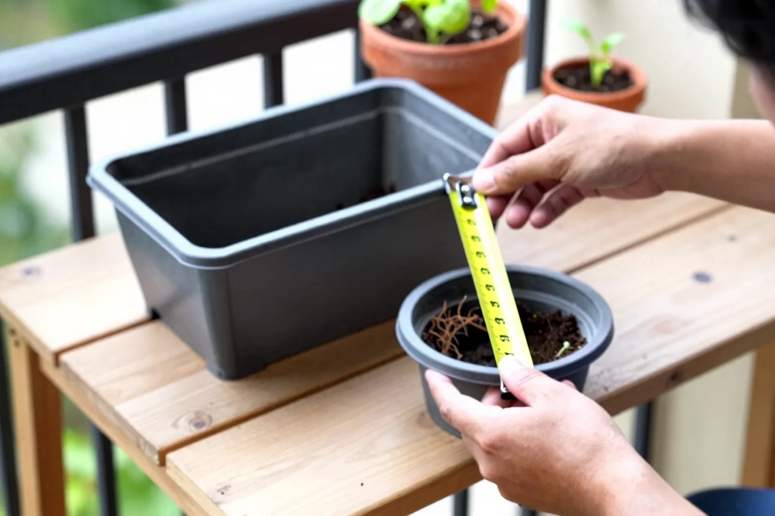 A hand measures usable depth inside a planter above its drainage holes and raised false bottom.