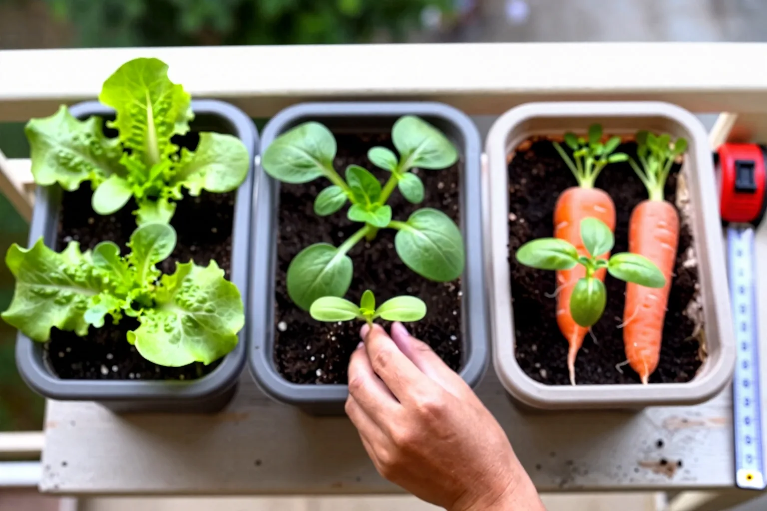 Three balcony planter boxes show different vegetable groupings suited to shallow, medium, and deep soil.