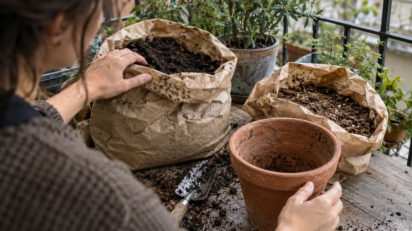 An empty terracotta pot sits beside two soil bags on a balcony table, showing the choice before planting.
