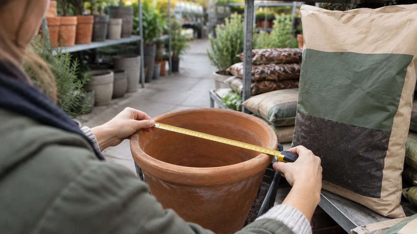 A shopper measures an empty planter while checking plain soil bags before choosing a mix.