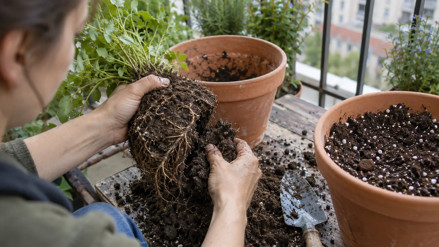 Hands loosen a dense root ball beside a pot of fresh, crumbly mix on a balcony worktable.