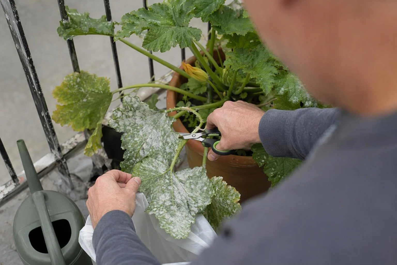Hands remove a diseased zucchini leaf while the rest of the balcony plant remains healthy and full.