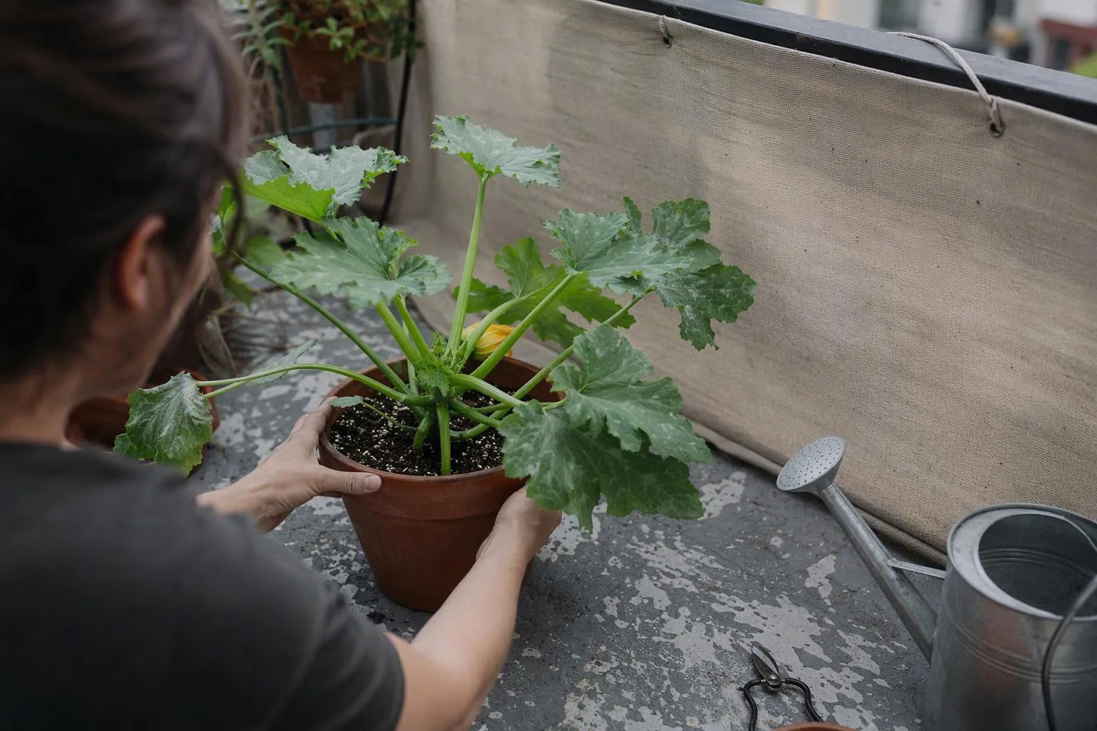 A potted zucchini has open space around its leaves and shelter from wind on a balcony.