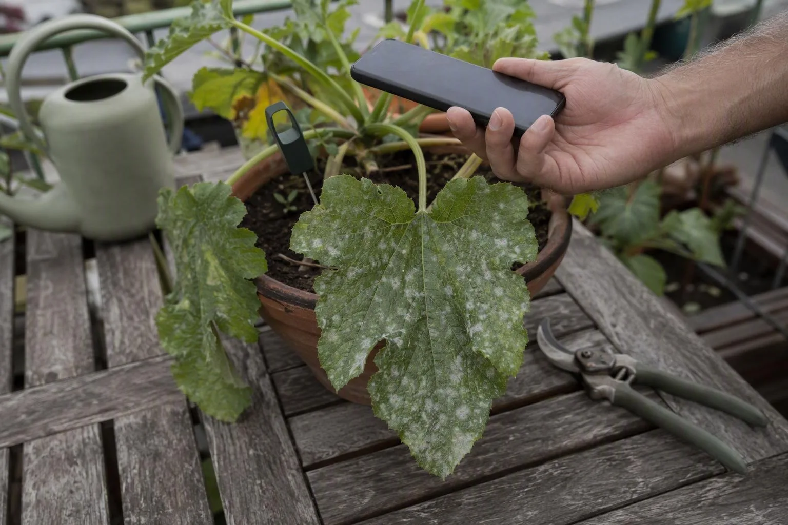 A hand photographs a zucchini leaf while a moisture probe checks the potting soil to track recovery consistently.