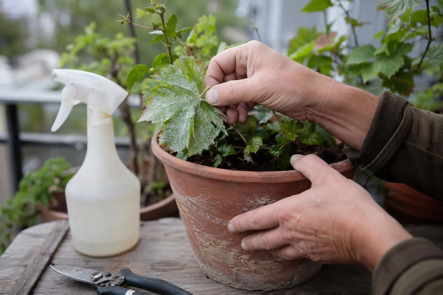 A grower turns a potted plant to expose mildew-marked leaves before spraying.