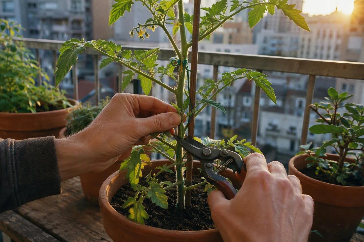 A grower snips a young sucker from a supported tomato plant on a balcony.