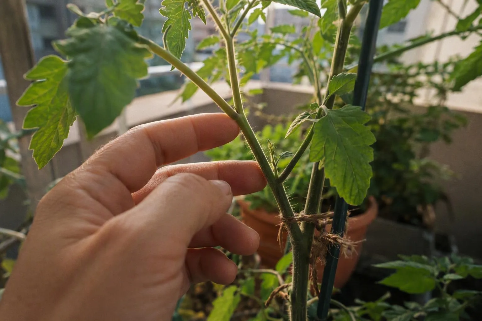A hand traces the V-shaped junction where a small tomato sucker grows beside a healthy leaf.