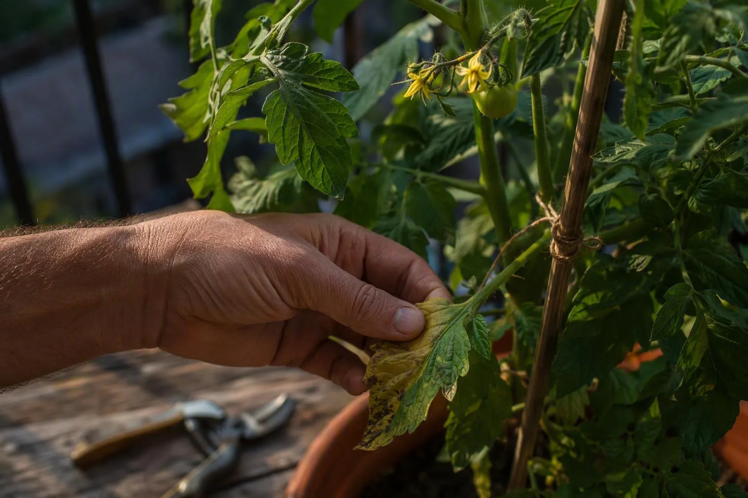 A hand removes one low leaf from a staked tomato stem while new flower clusters develop above.