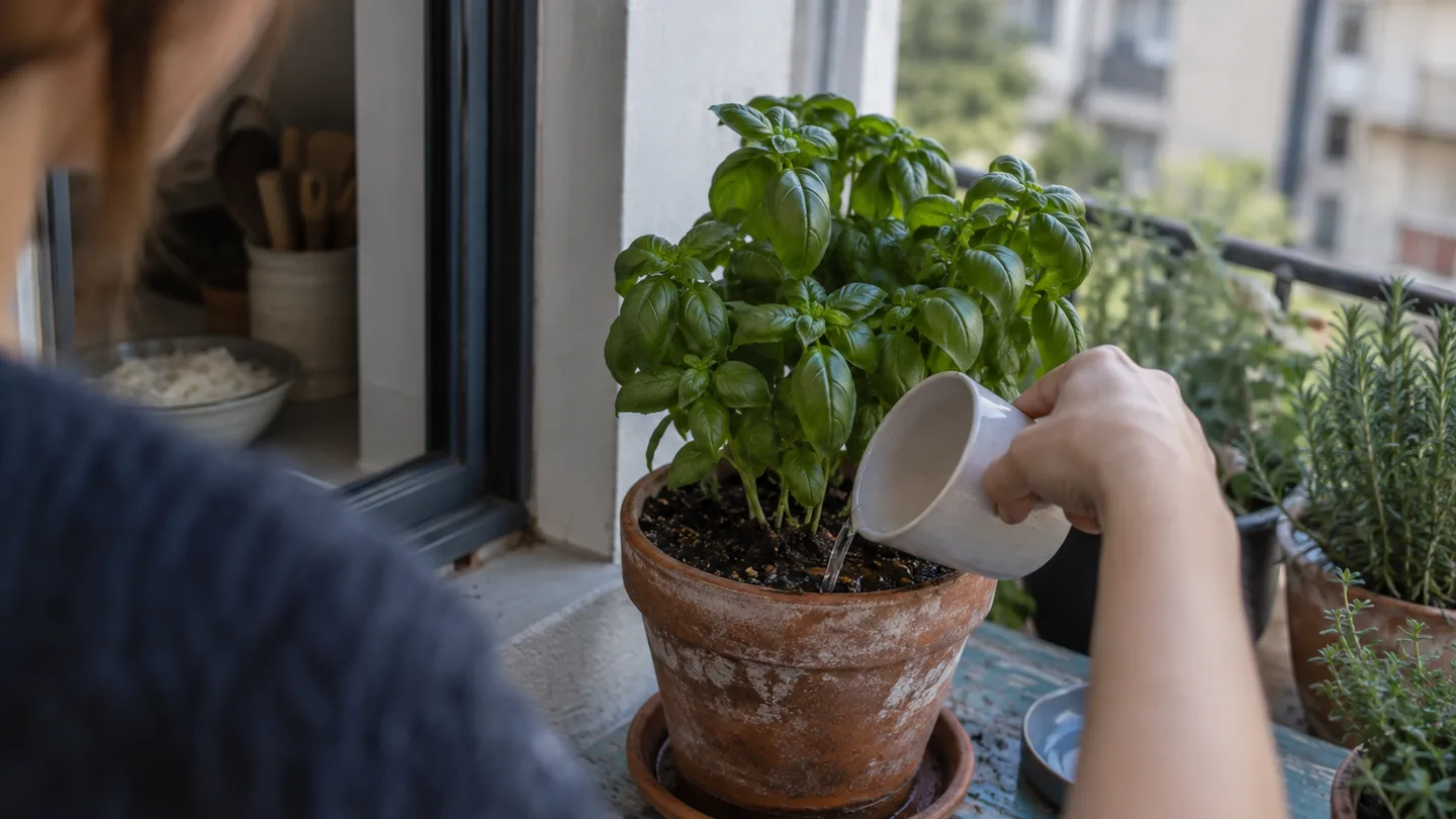 A hand slowly pours diluted water onto the soil of a potted herb while keeping its leaves dry.