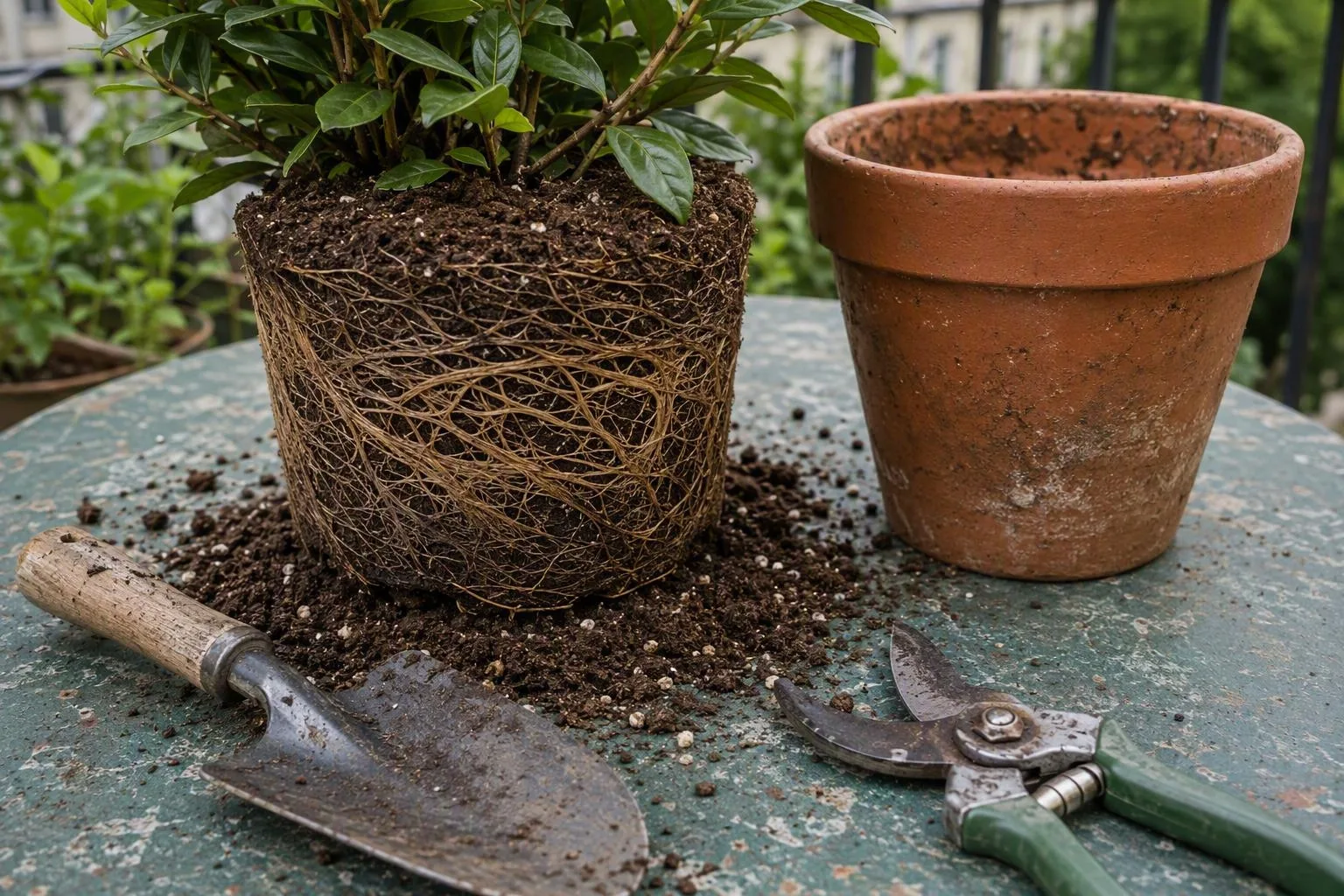 A tangled root ball beside its emptied pot shows that the plant has outgrown its container.