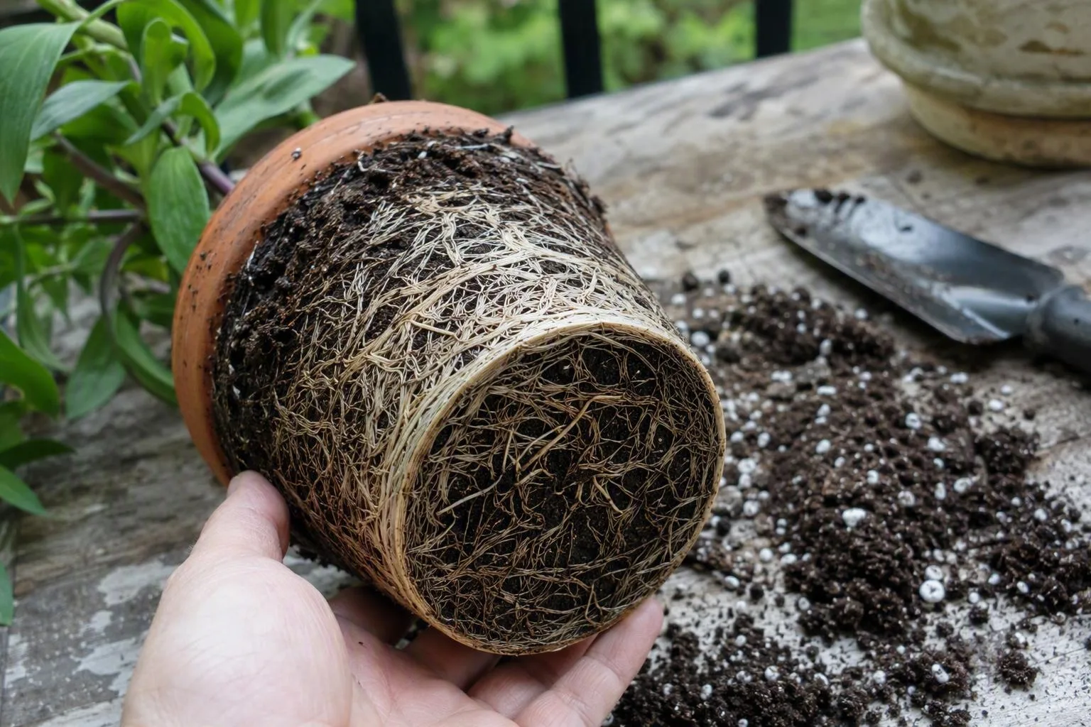 Dense roots circle a compact soil ball and form a bottom mat, showing why the plant needs repotting.