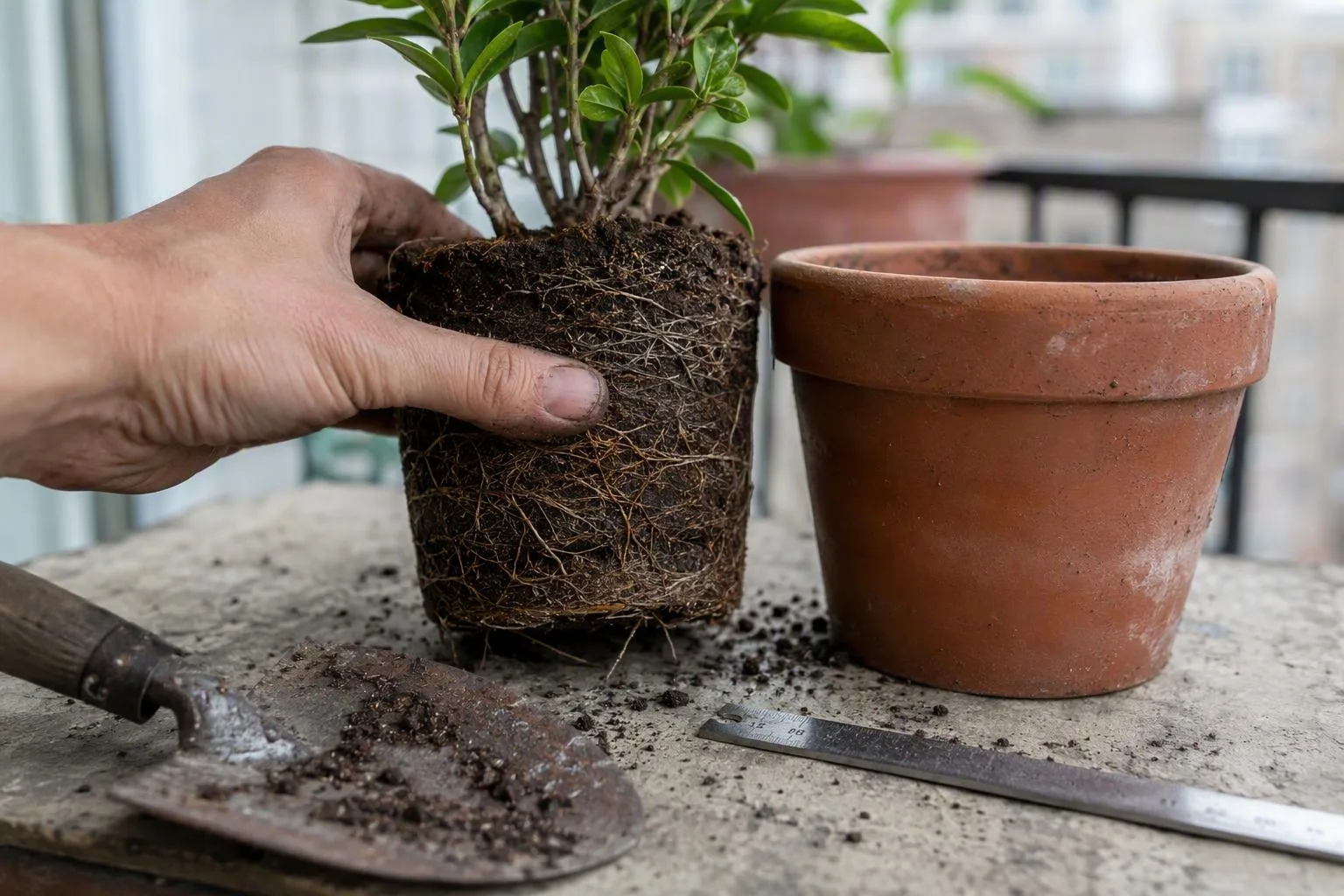 A compact root ball sits beside a pot only slightly wider, showing why width matters when repotting.