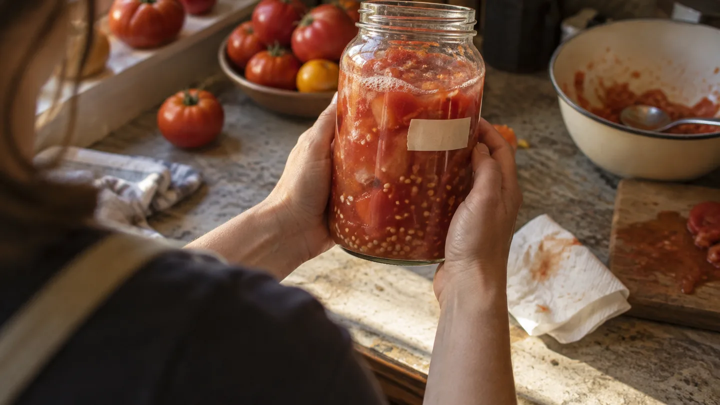 A labelled jar holds bubbly tomato pulp and seeds on a kitchen counter before rinsing.
