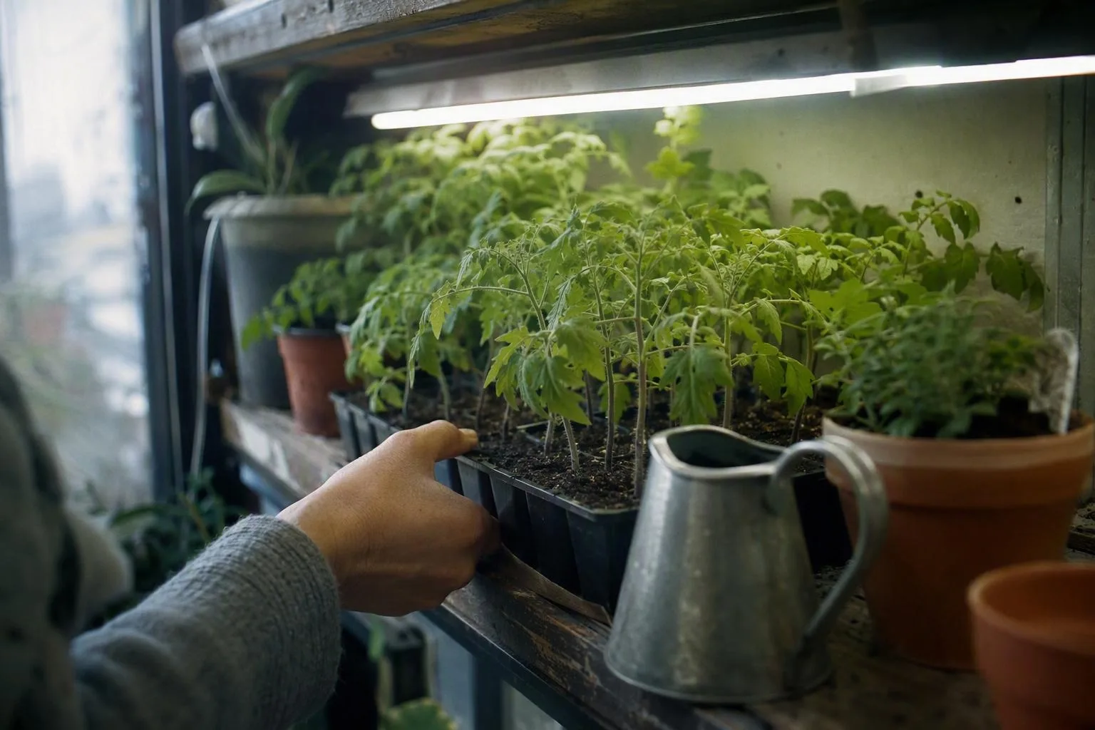 Compact seedlings receive close overhead light on a narrow balcony shelf, showing a practical start for healthy growth.