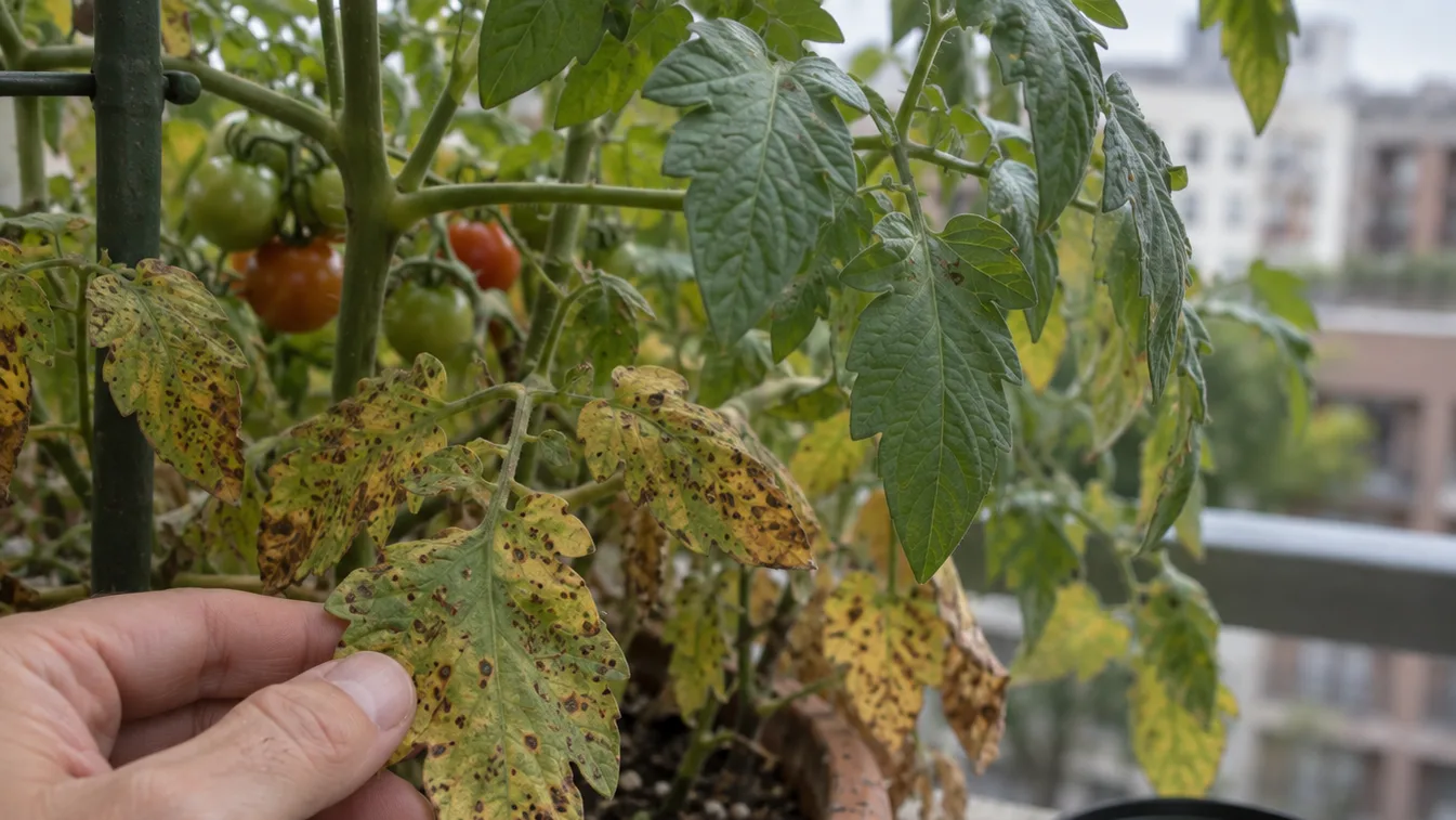 A balcony tomato has spotted, yellowing lower leaves beside a magnifying glass and pruning snips for inspection.