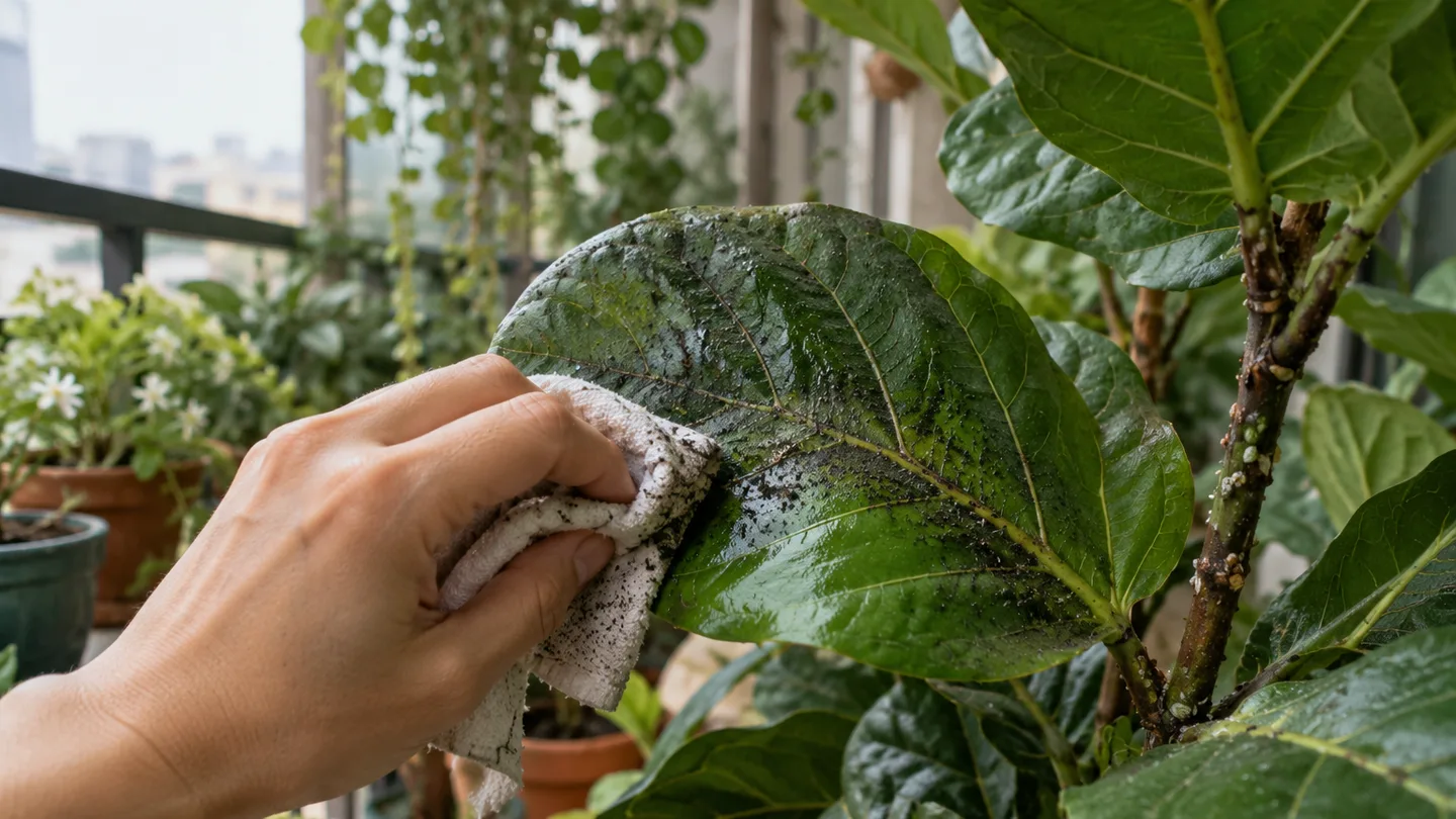 A damp cloth lifts black sooty mold from a potted plant’s leaf, revealing healthy green tissue beneath.