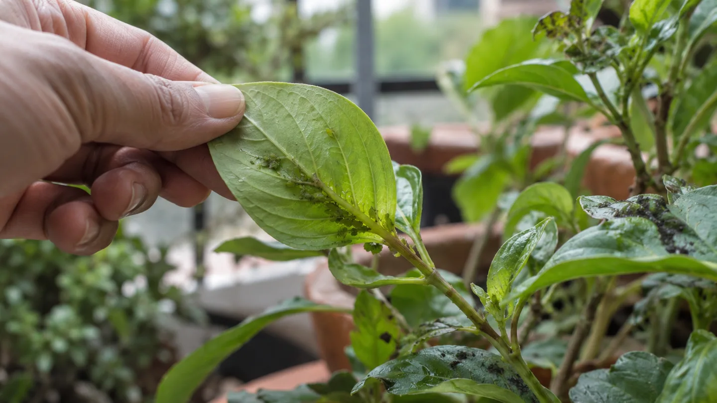 A leaf is turned over to reveal aphids clustered along its tender stem.