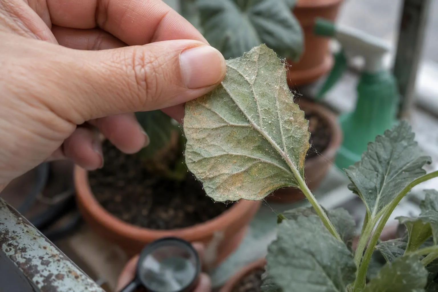 A hand lifts a mottled plant leaf, revealing fine webbing and pale speckles.